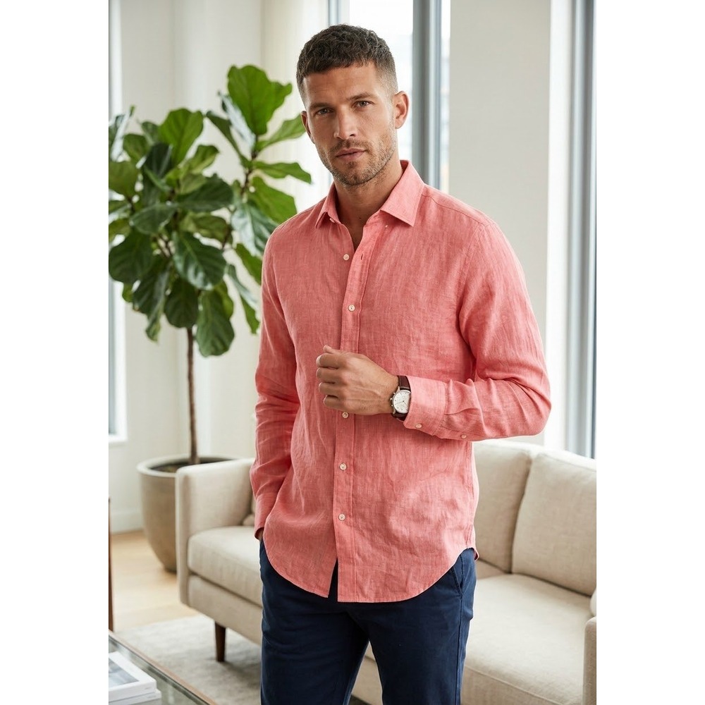 Camicissima Mens Pink 100% Linen Long Sleeve Button Down Shirt Sz 40 Minimalist